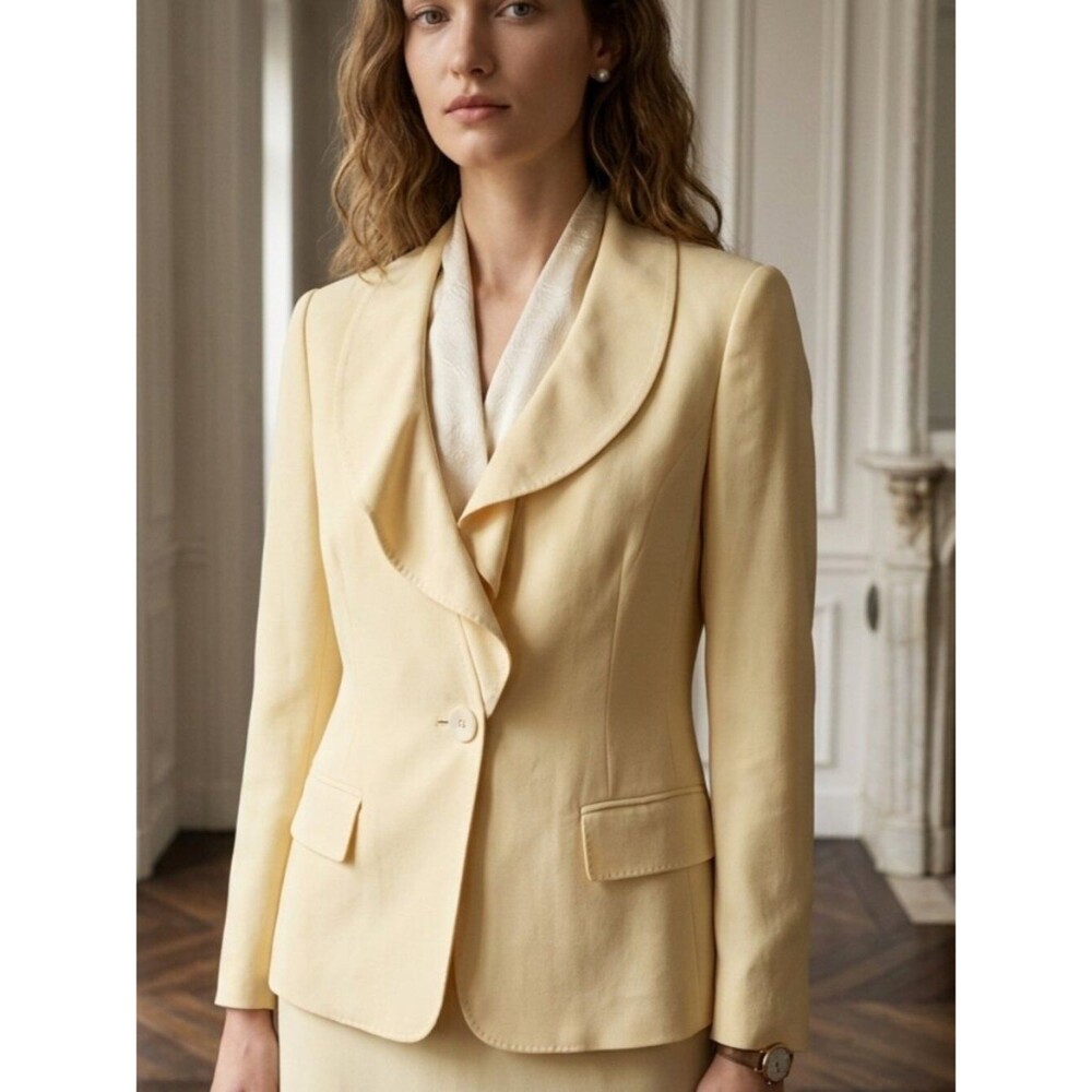 Albert Nipon Silk & Linen Blend Yellow Tailored Ruffle Collar Jacket Size 6
